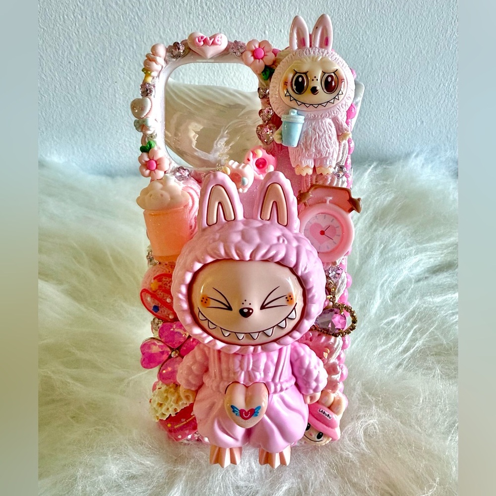 Pink Interchangeable Face Labubu Figurine Doll Phone Case For IPhone 16 Pro Max